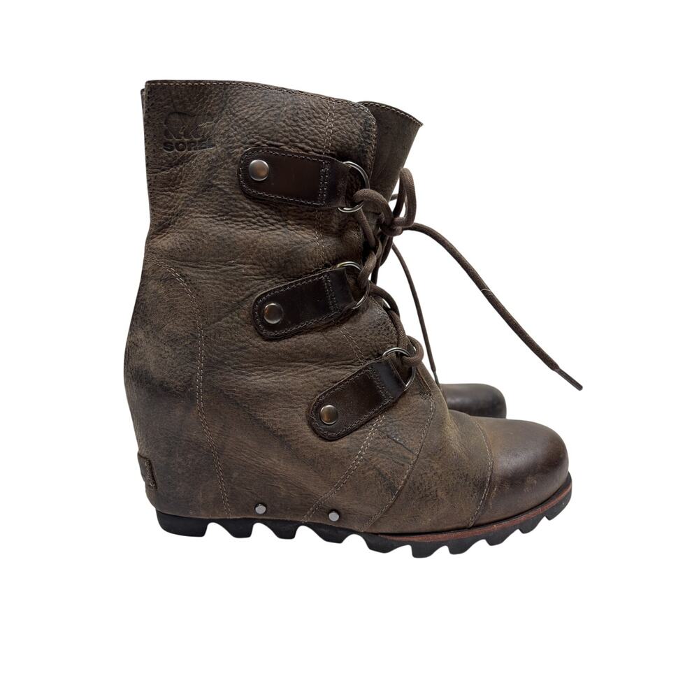 Sorel Joan of Arctic Leather Wedge Mid Boots Womens 8 Brown Lace Up